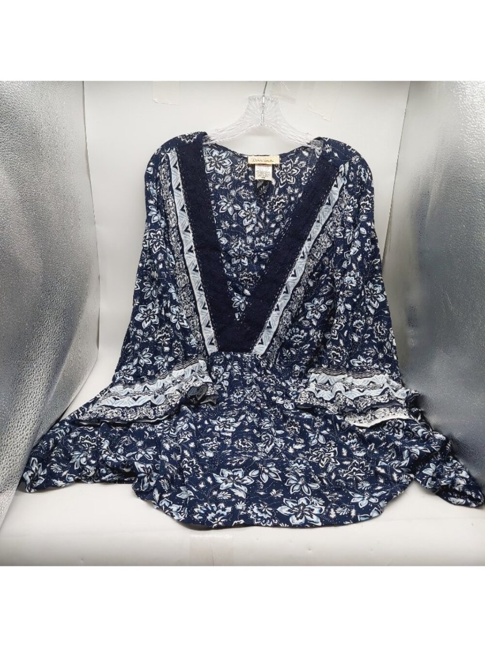 Davina Blouse Size 3X Blue White Floral Shirt Duster Tunic